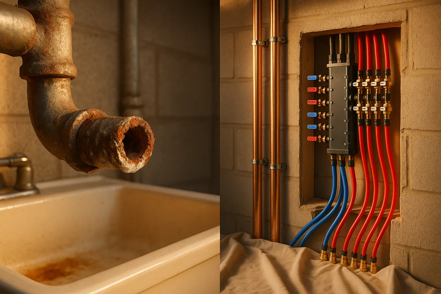 Split basement: corroded galvanized pipe and brown-water stains beside new PEX manifold and Type L copper, warm golden-hour light.