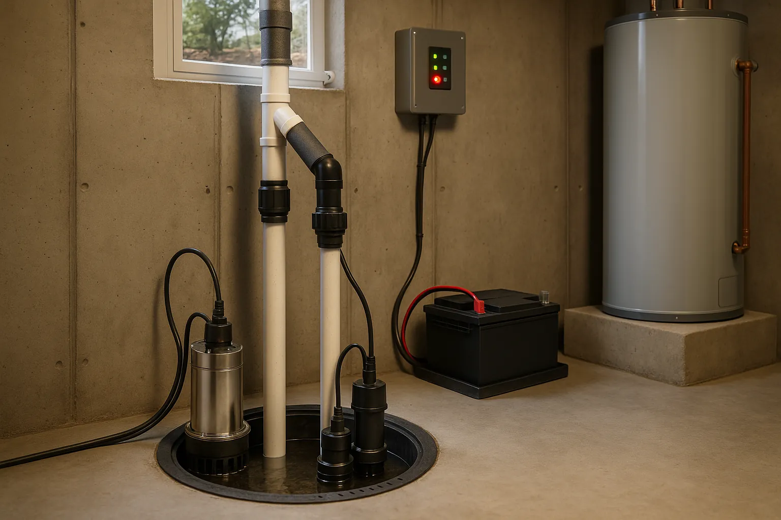 Basement sump pit with dual pumps, AGM battery, controller LEDs, insulated discharge pipe, air gap, elevated water heater, warm overhead light.
