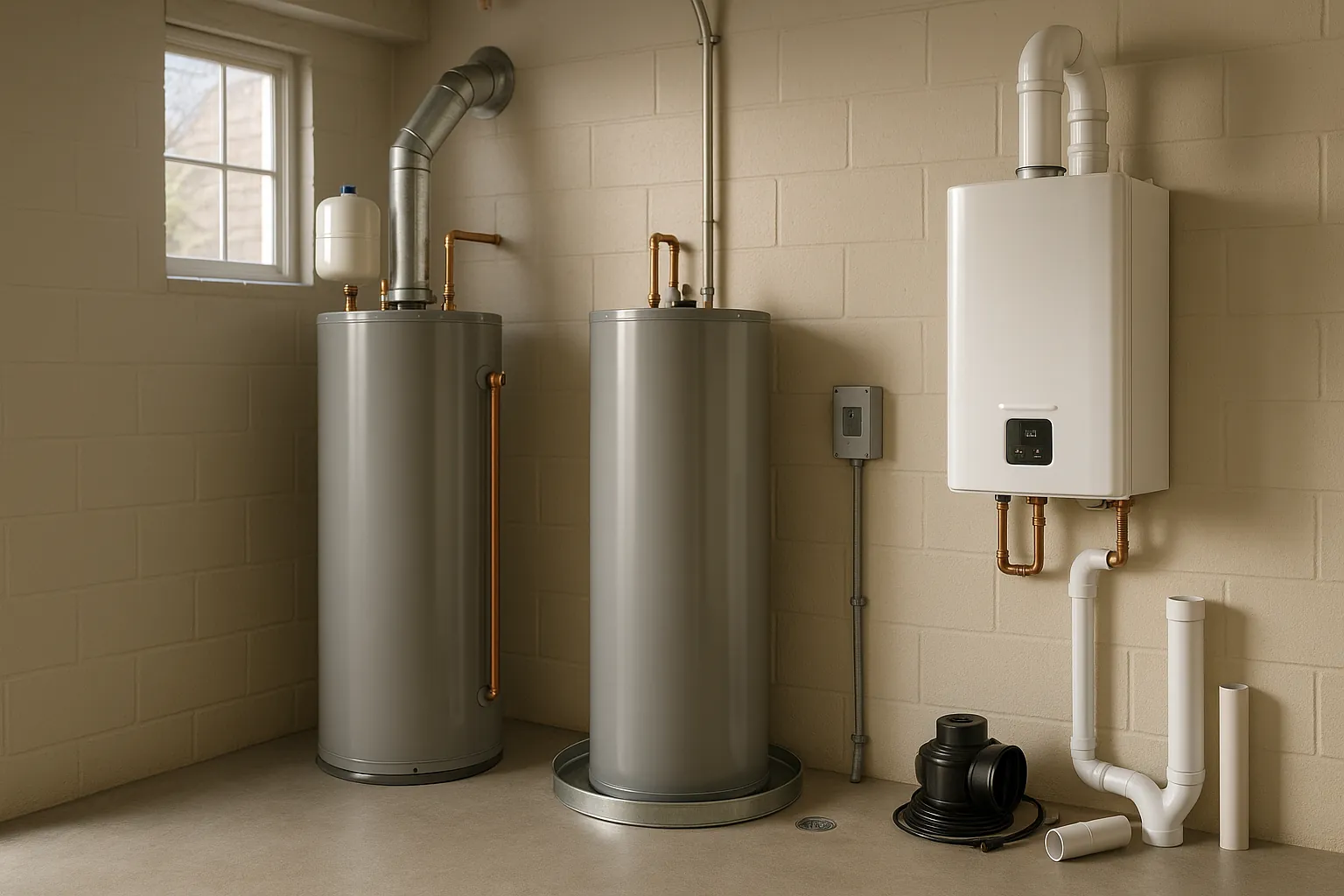 Three heaters (gas tank, electric tank, condensing tankless) in a daylight Indianapolis utility room; metal tanks, PVC vents, concrete floor.